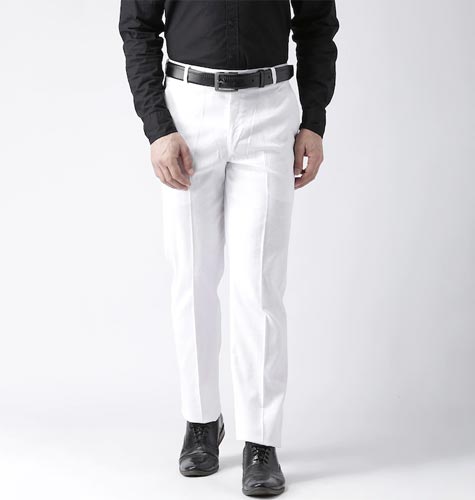 Men White Regular Fit Solid Linen Formal Trousers